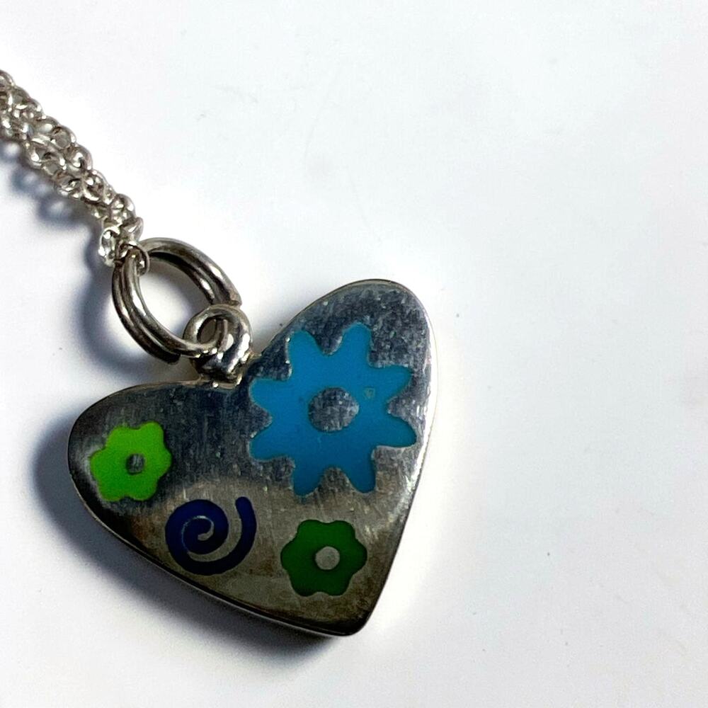 Vintage Mexican Sterling Silver Enamel Heart Pendant Necklace 925 Taxco Style